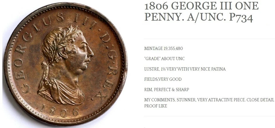 1806 GEORGE III ONE PENNY. A/UNC. P734 VERY GOOD DETAIL PROOF LIKE  - Image 4 of 4