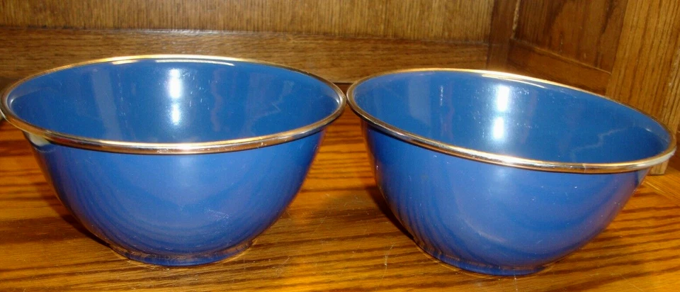 Set 2 POTTERY BARN Metal Enamel Bowls 6" Cereal Soup~Navy Blue/Silver Rim    Box - Image 2 of 4