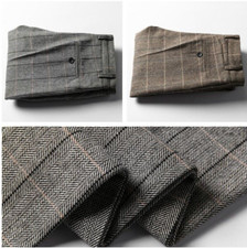Men's Herringbone Tweed Pants Trousers Checked Wool Blend Straight Leg 32-44