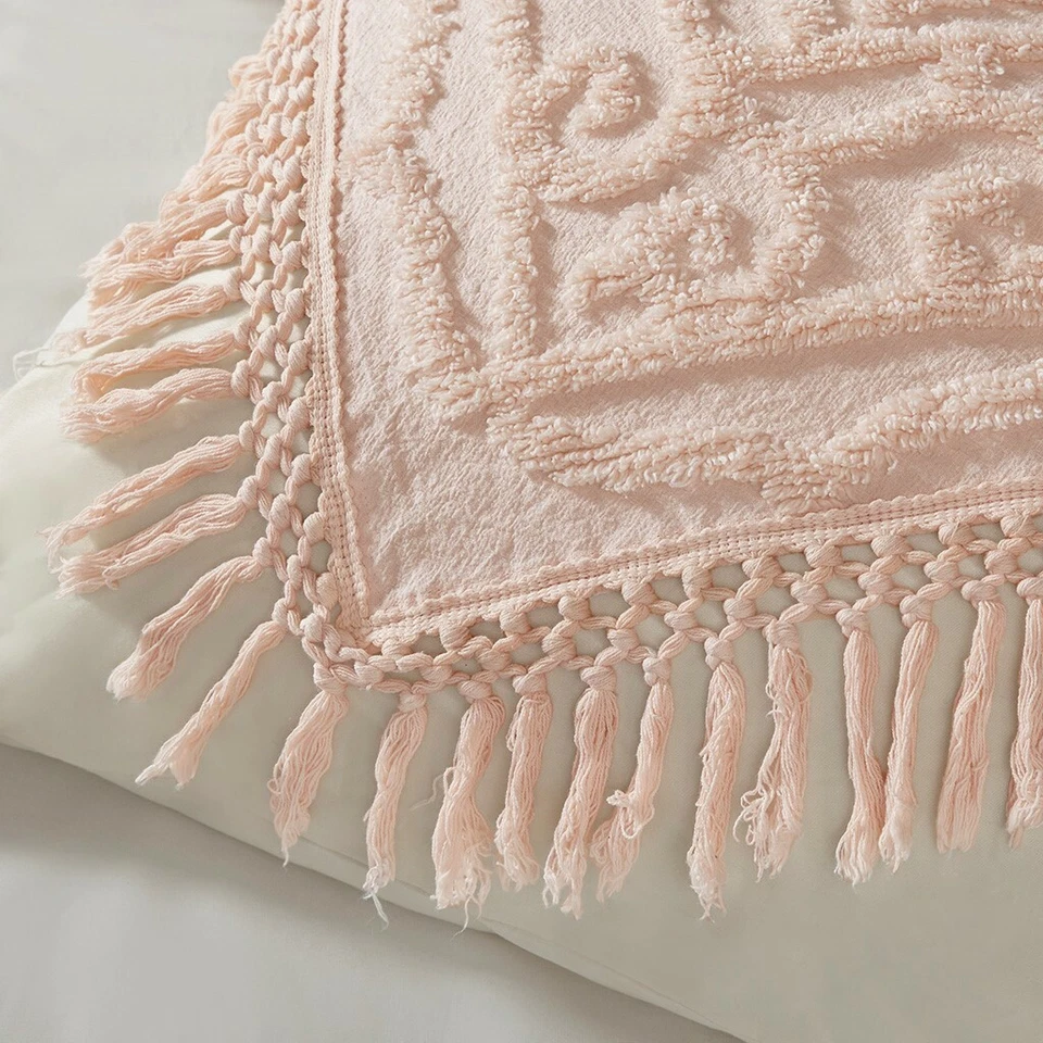 BLUSH PINK CHENILLE 3pc King COVERLET SET : VINTAGE STYLE COTTON FRINGE - Image 4 of 4