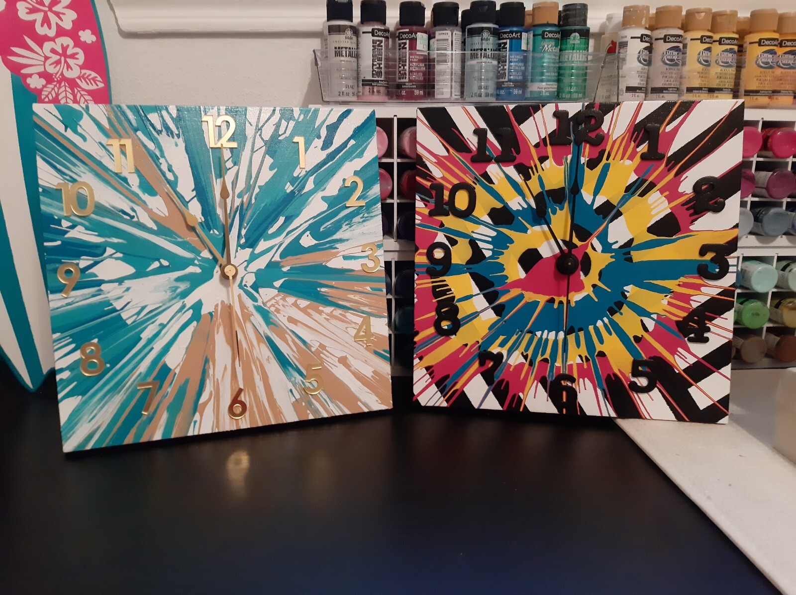 Abstract Painting Wall Clocks, Made from a 12"x12" Canvas Panel, 2 colors