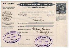 Chile 1912 Parcel post 80c VALPARAISO-2 to EL ARRAYAN Colon Peso Bronce type