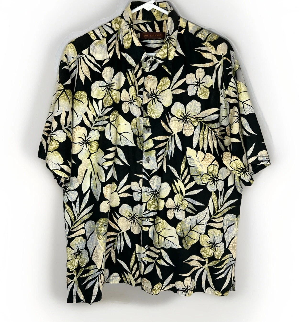 Tori Richard Hawaiian Shirt Mens Large Black Short Sleeve Button Up Floral Camp