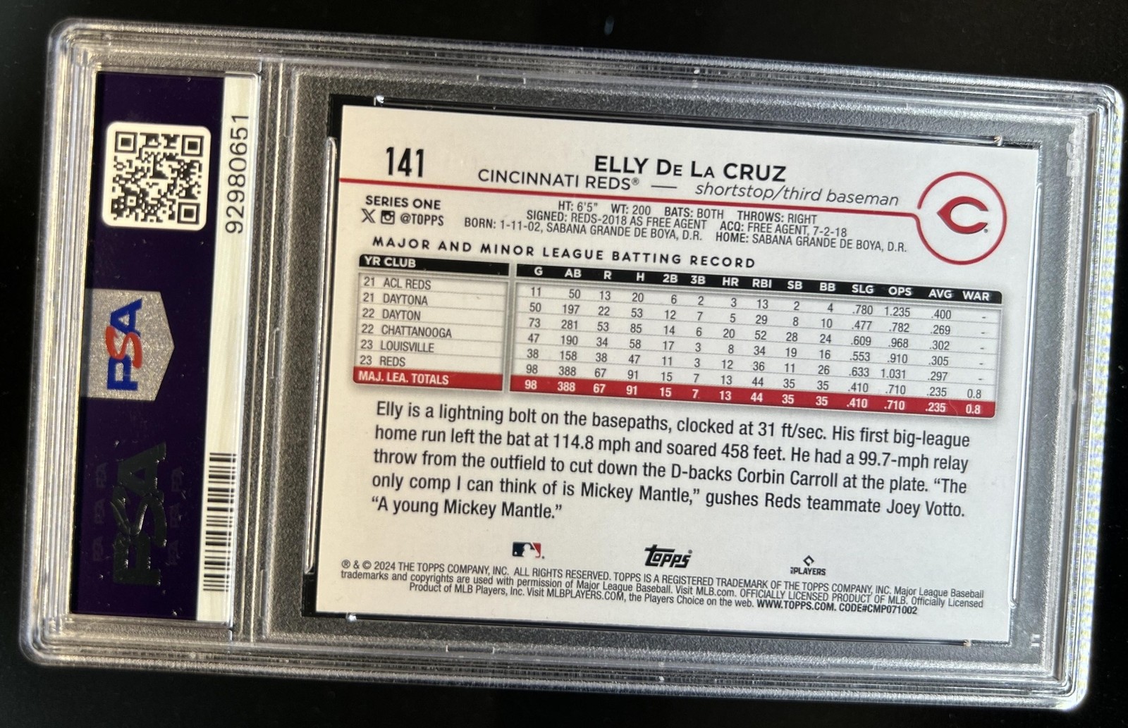 2024 Topps Elly De La Cruz Rookie RC #141 Reds PSA 9 view 2