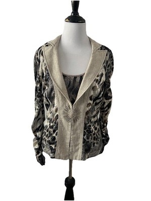 ALBERTO MAKALI Sz L Linen Blend Animal Print Lace Sheer Blazer Jacket & Tank Set