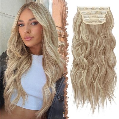 FESHFEN Clip in Extensions Haarverlängerung Karamellbraun Beigeblond 50 cm