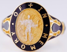 Antique 19th Century Victorian Memento Mori Mourning Ring Gilt Silver Enamel