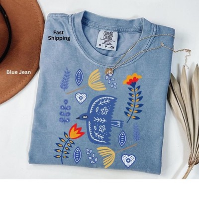 Scandi Folk Art Bird Shirt Comfort Colors Boho Cottagecore Nature Tee
