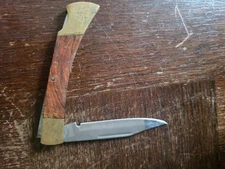 OLD FOLDING KNIFE POCKET KNIFE STAINLESS STEEL WOOD BRASS