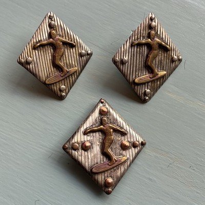 Willy Strasser Vintage Surfer Brooch Pin, Earrings Set Mixed Metal 