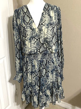 Vince Camuto Size L Blue Gray Snakeskin Print Dress Ruffle Hem Long Sleeve
