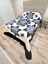 New Amish Quilt Hexagon Star Fan Black Gray Blue 103x117 Handmade Lancaster PA