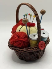 1990's Little Wicker Sewing Basket Full of Sewing Notions Christmas Ornament