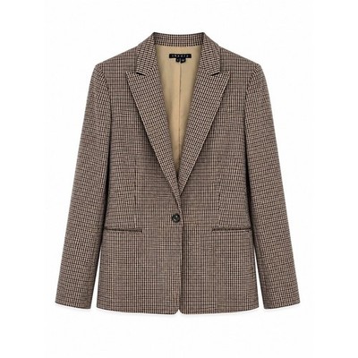 Theory Virgin Wool Houndstooth Button Blazer Brown 6 Neutral Structured Tailored