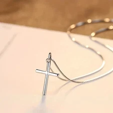 2 Pcs 925 Sterling Silver Simple Cross Glossy Pendant Necklace Religious Gift US