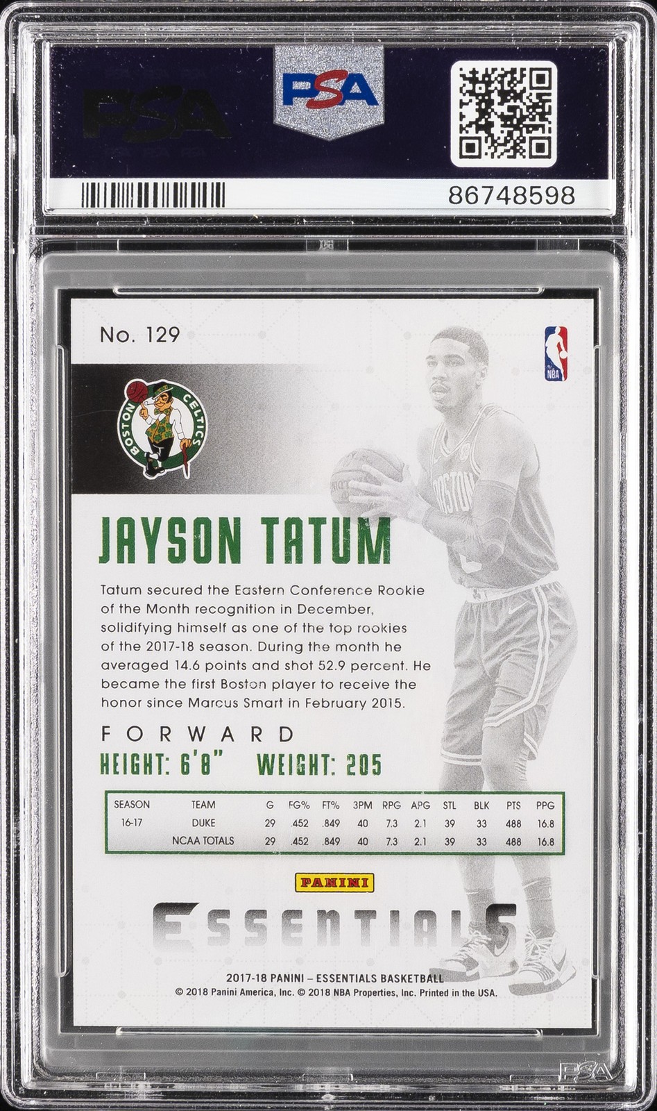 2017 PANINI ESSENTIALS SPIRAL #129 JAYSON TATUM ROOKIE RC PSA 10 view 2