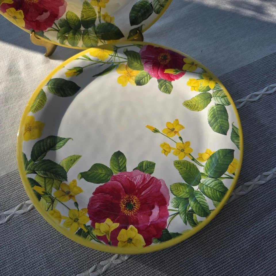 8 Platos de Cena de Melamina Floral 10.5" Amarillo Rojo Rosa Flor Primavera Verano Nuevos sin Etiquetas Foto 2 de 4