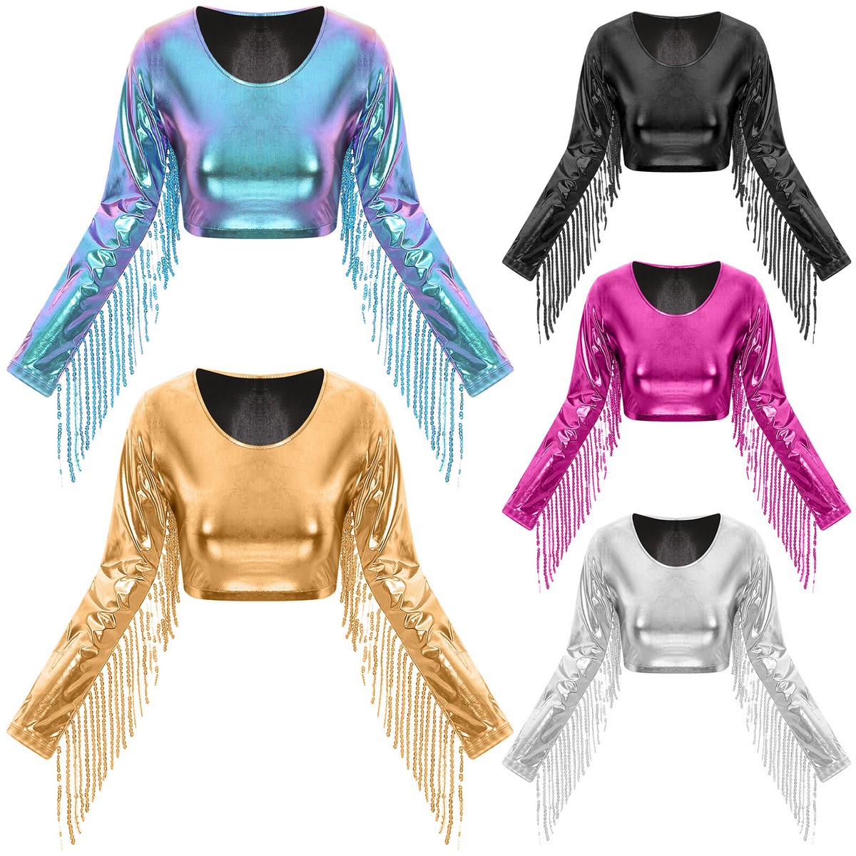 Women Shirts Fringe Tank Tops Modern Crop Top Sequins T-Shirt Long Sleeve  Rave
