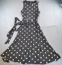 Lauren Ralph Lauren Dress Womens 4P Gray Polka Dot Sleeveless Flare Waist Tie