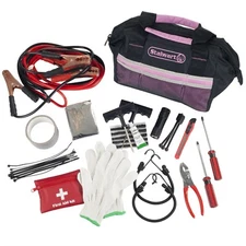 Pink 55 Piece Roadside Emergency Auto and Tool Kit Jumper Cables