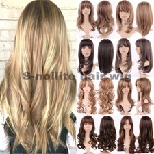 Women Full Wig With Bangs Long Straight Curly Hair Synthetic Wig Highlight Ombre