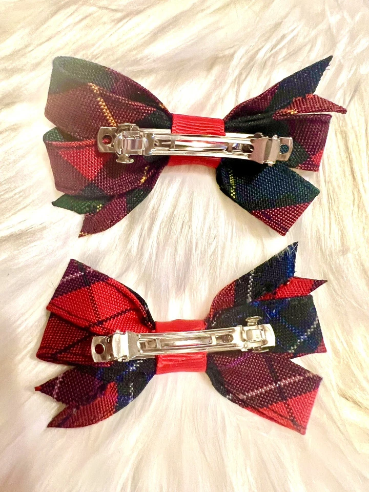VINTAGE TARTAN RED PLAID HAIR BOW FRENCH BARRETTE SET - Image 4 of 4