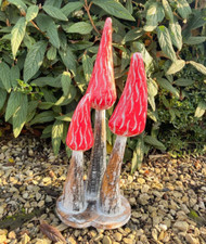 Red Wooden Carved Mushrooms on Base - Garden Outdoor Decor Wood Handmade Statue