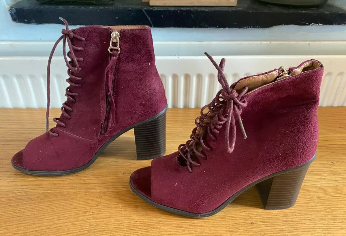 PEACOCKS Faux Suede ANKLE BOOTS With OPEN TOE Block Heel Side Zip BURGUNDY UK 5
