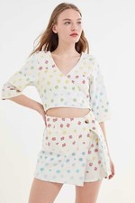 Urban Outfitters UO Molly Surplice Front-Slit Skort Romper Pink Tie Wrap New XS