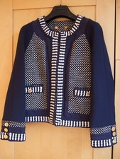 Tory Burch Navy Blue White Knit Detail Round Neck Blazer Jacket 8 Uk