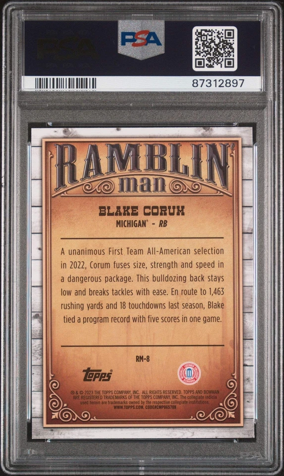 Graded 2023 Bowman U Chrome Blake Corum #RM8 Ramblin Man RC Football Card PSA 10 - Image 2 of 2