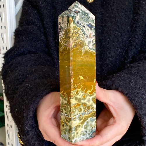 1.13LB Natural yellow ocean jade obelisk crystal pillar crystal healing - Imagen 6 de 13
