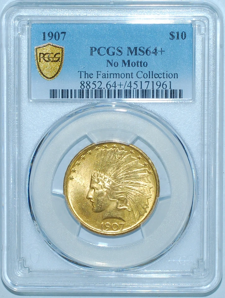 Золотая монета номиналом 10 долларов 1907 PCGS MS64+ без девиза с головой индейца - Изображение 2 из 3