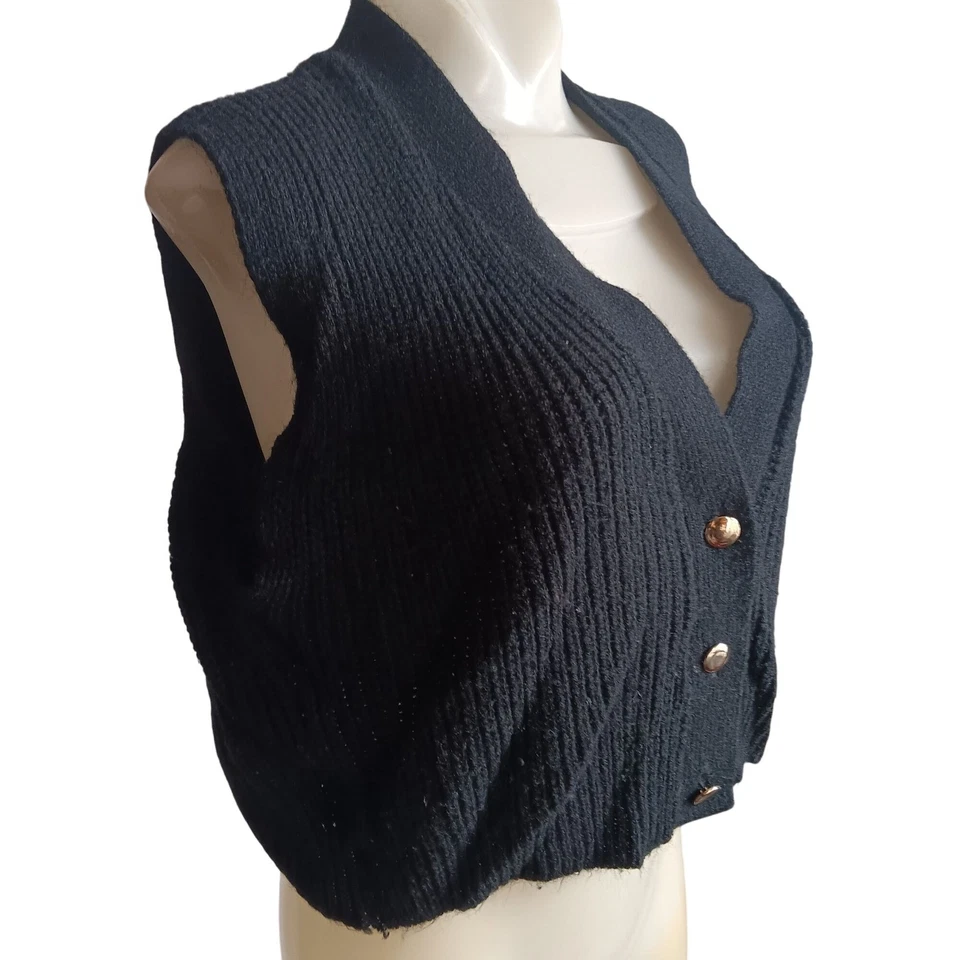 Chaleco suéter grande vintage Lana Lee tejido negro con botones sin mangas años 70 Foto 3 de 4