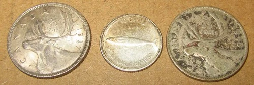1937 1943 CANADA QUARTERS,  1967 DIME 80% SILVER COIN LOT 3 pcs - $.60 face