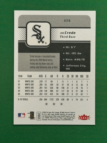 2006 Fleer Baseball #378 Joe Crede - Picture 2 of 2