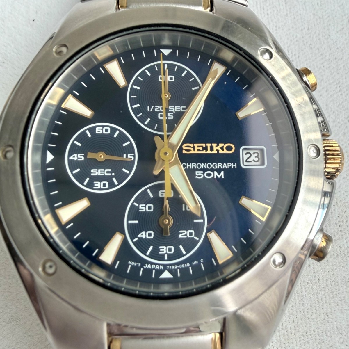 Seiko 2-Tone Chronograph Blue Dial Watch 7T92-0FX0 New Battery