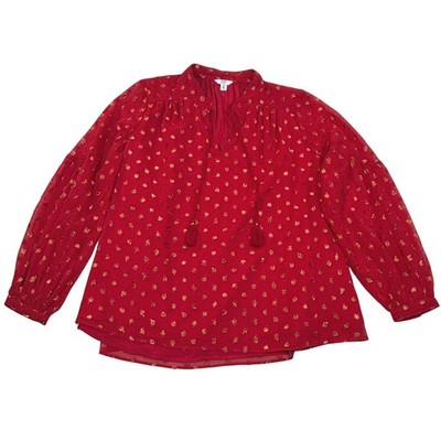 Crown & Ivy Womens XL Red Metallic Copper Clip Dot Tassel Tie Blouse Top Holiday