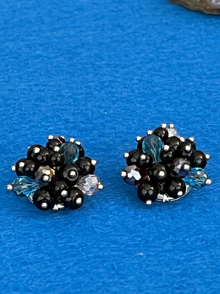 "Hermosos pendientes Joan Rivers diamantes de imitación azules y grises redondos de 1""" Foto 4 de 4