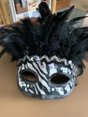 Masquerade Mask with Feathers, Zebra stripes, black & white