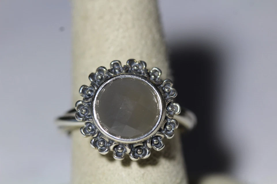 PANDORA | ANILLO PIEDRA LUNAR GRIS ELEGANCIA FLORAL RETIRADO RARO 925 Foto 4 de 4