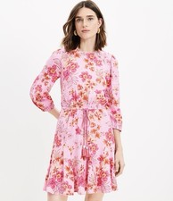 NWT LOFT Lily Godet Puff Sleeve Lightweight Pink Mini Floral Boho Flare Dress XS