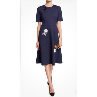Tory Burch Embellished Ponte Dress XL Navy Blue Sequin Embroidered Floral