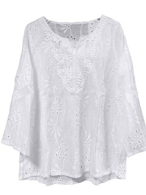 Damen-Bluse mit 3/4-Ärmeln, Ösenstickerei, Sommer-Boho-Bluse mit Gekerbtem 7449