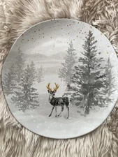 Tahari Home Melamine Serving Platter Dish Christmas Scene Trees Deer 14” 