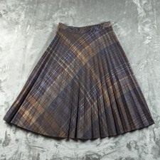 Vintage Sears Skirt Womens 8P Blue Brown Plaid Pleated Midi Preppy Academia 60s