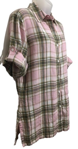 Jones New York Button up Shirt Women's Sz M Linen Collar Plaid Roll Tab Long Sl - Picture 4 of 19