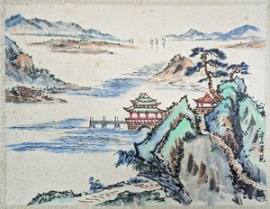 CHINESE Original Silk Painting MOUNTAIN LAKE LANDSCAPE - SIGNED - 20TH CENTURY
