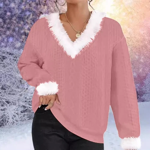 Damen Kunstfell V-Ausschnitt Pullover Weihnachtspullover Pulli Xmas Sweat Shirts Tops- - Bild 13 von 18