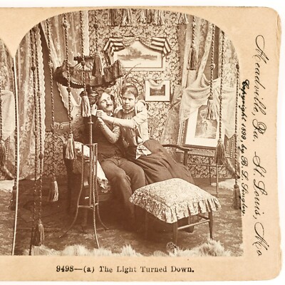 Couple Turning Down the Lights Stereoview c1899 Victorian Make-Out Session F2110